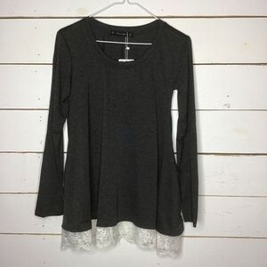 New Sanifer Blouse Long Top Lace Trim Sleeve Gray